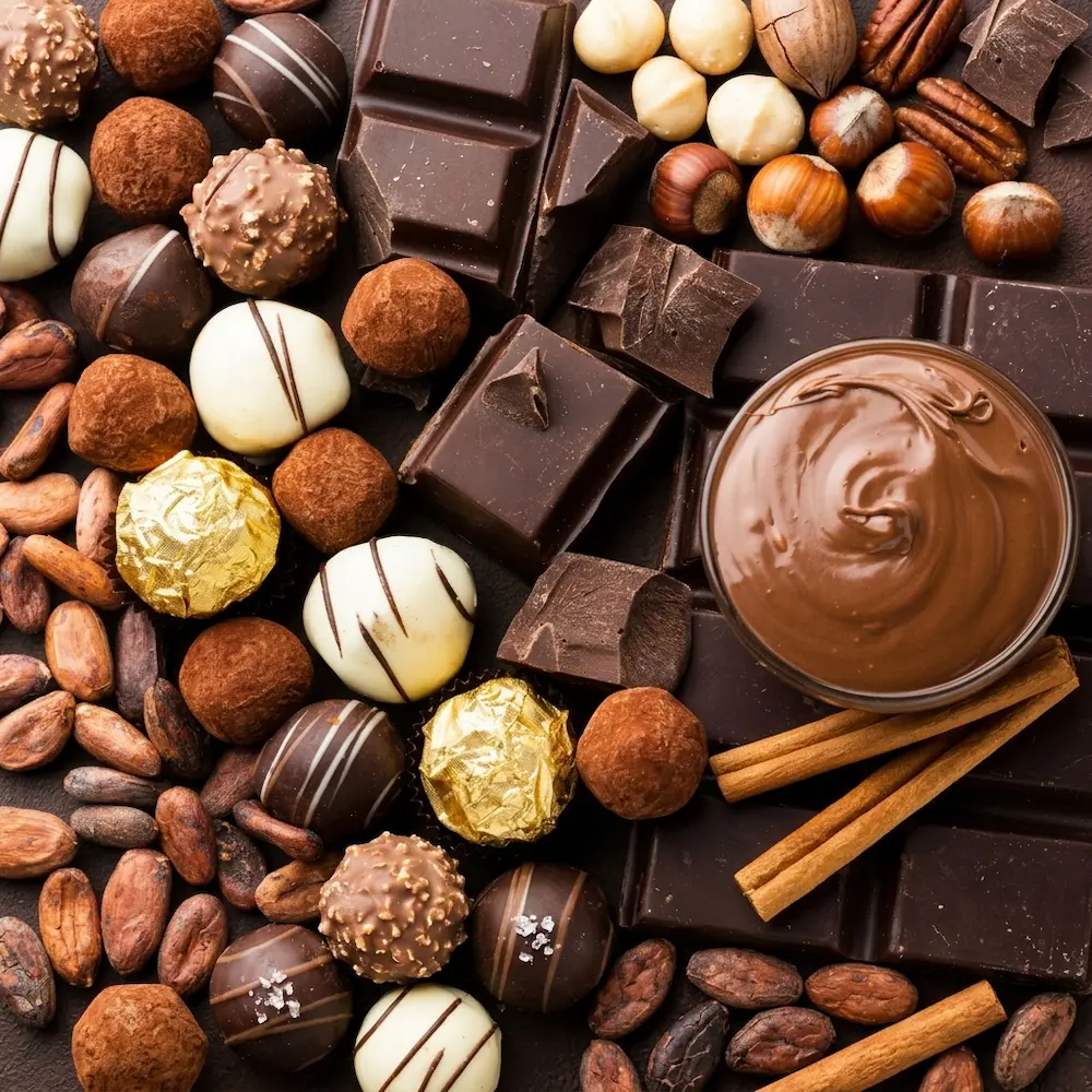 Variedad de chocolates en barra, en pasta y con semillas